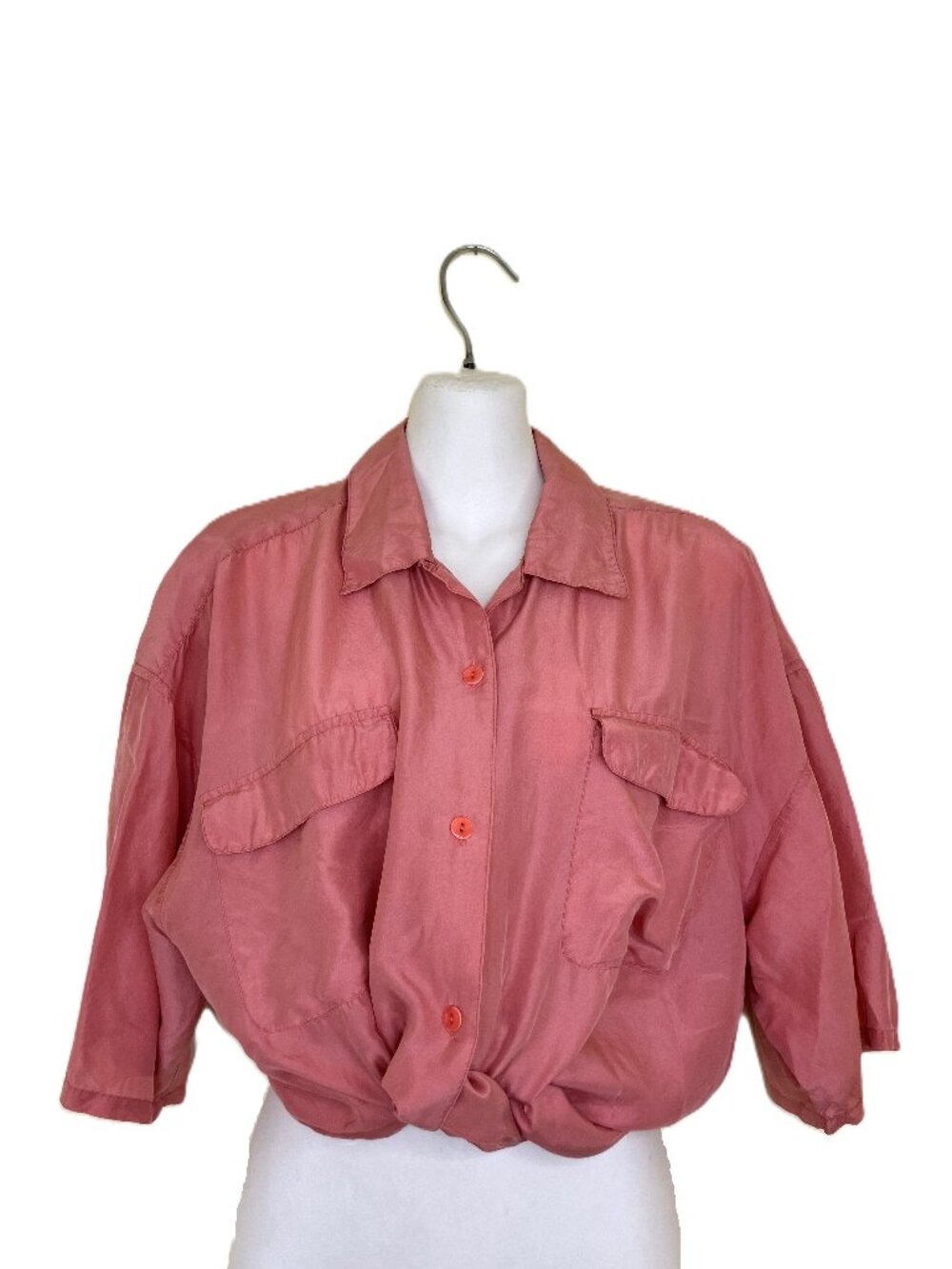 Chevere Silk Button Down Short Sleeve Shirt with Pockets Pink Vintage 90s Medium